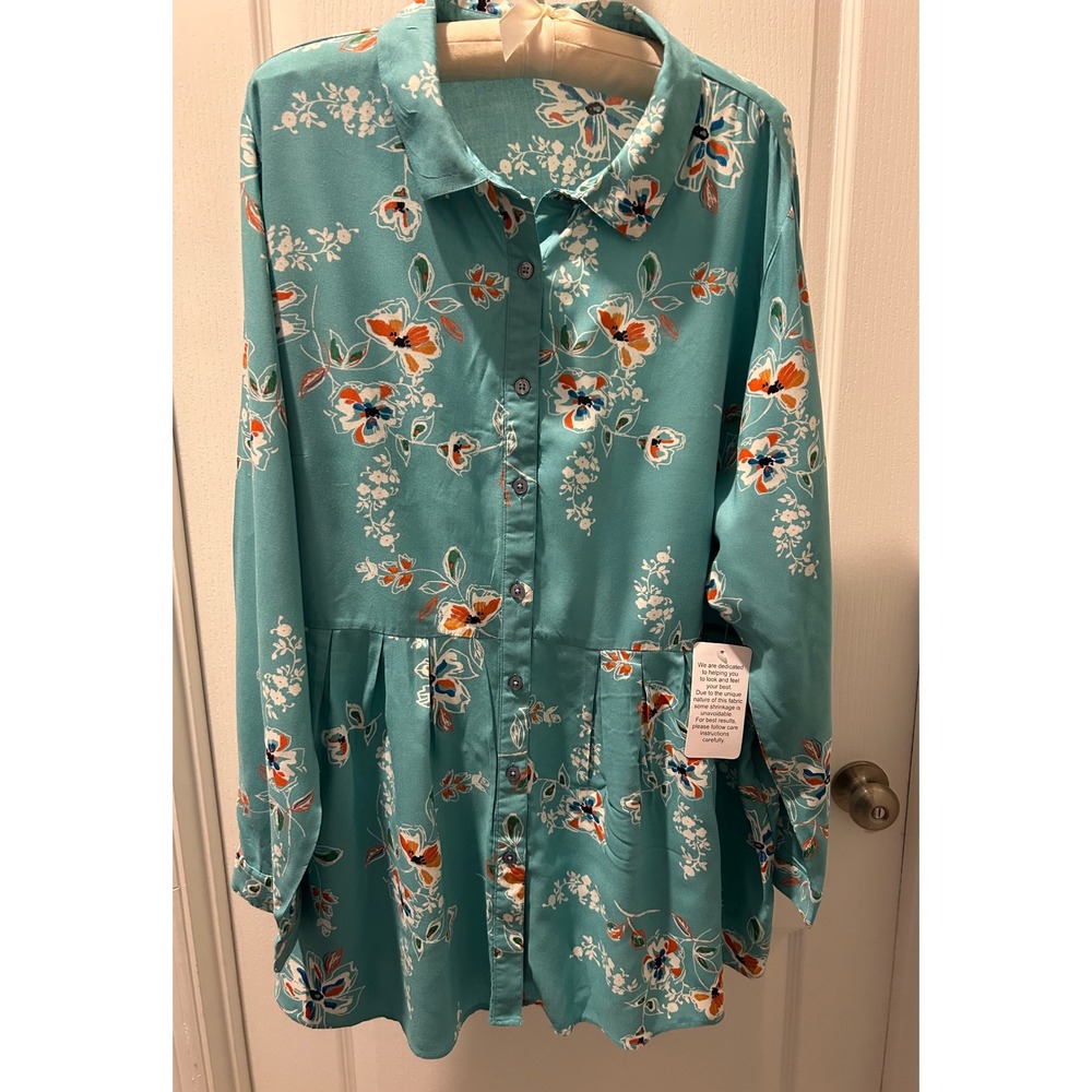 Woman Within 1X Floral Print Button Down Long Sleeve Tunic Top Blouse